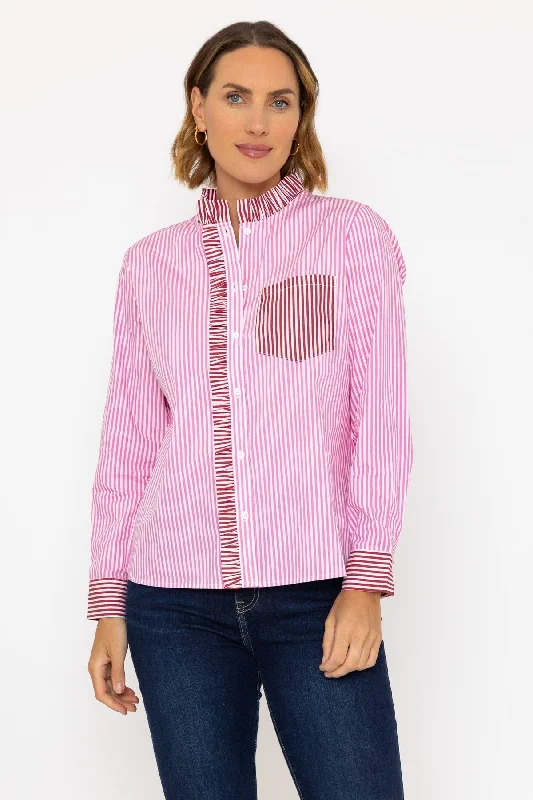 Cotton Ruffle Placket Shirt in Pink Luxurious Women's High -  end