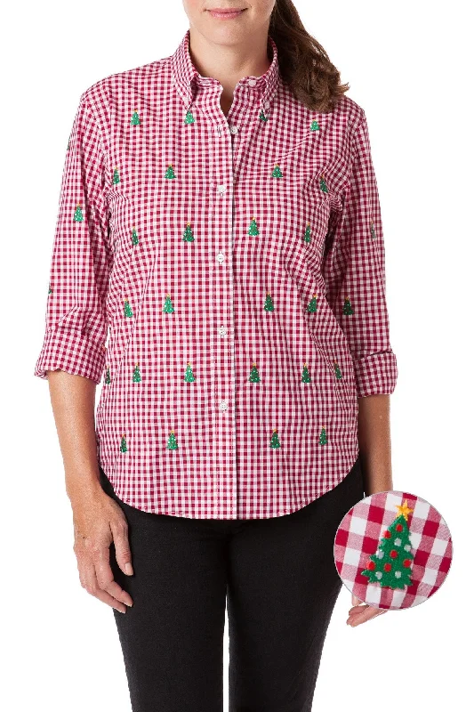 Ladies Button Down Shirt Wide Gingham Red with Christmas Tree Dapper Women's 1920S