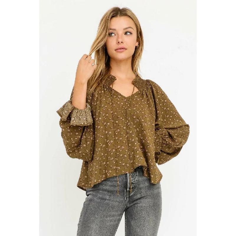 Olive Floral Blouse Elegant Women's 