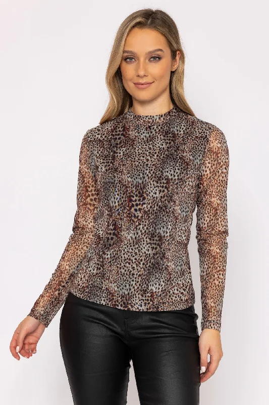 Mesh High Neck Top in Animal Print European