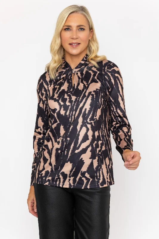 Black & Camel Printed Jersey Top With Front Neck Detail Artistic Women's Hand - painted