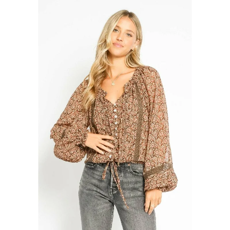Tapestry Button Up Blouse Elegant Women's 
