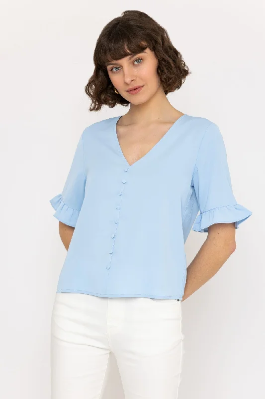 Short Sleeve Button Blouse in Blue Elegant Women's Formal 