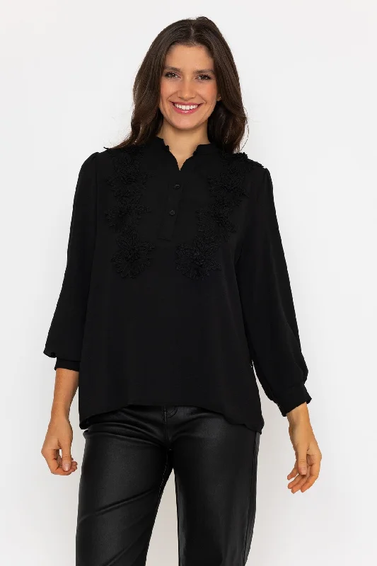 Black Floral Appliqué Long Sleeve Top Australian Beach