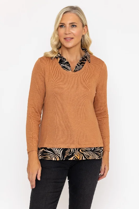 Camel Top With Print Collar & Hem Modern Women's 