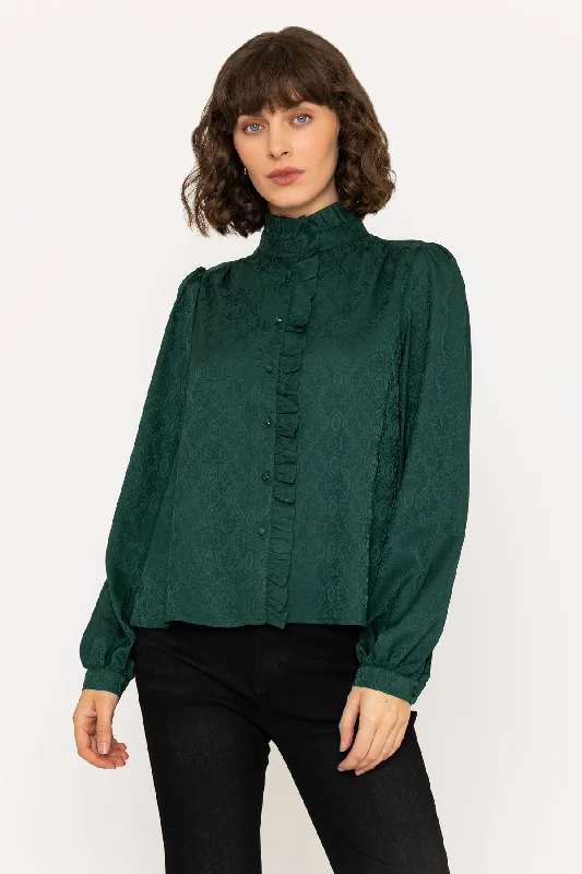 Long Sleeve Jacquard Satin Blouse in Green Cozy Women's Winter