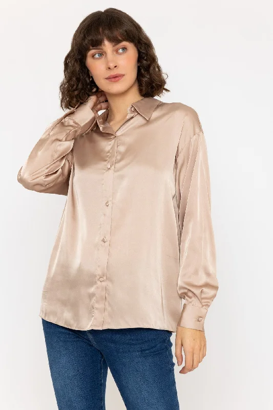 Long Sleeve Satin Oversized Blouse in Beige Bold Women's Statement