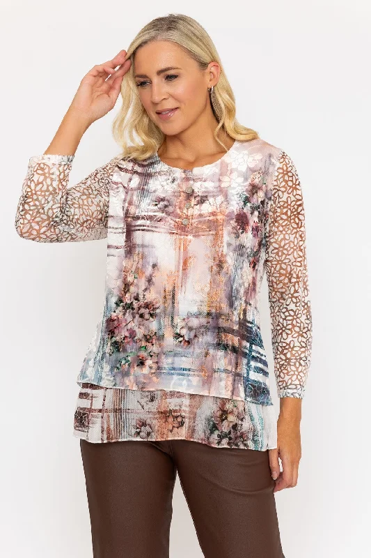 Beige Dovore Printed 3/4 Sleeve Top Monochromatic All - in - one