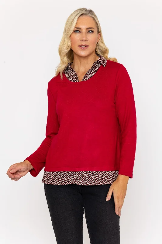 Red Top With Print Collar & Hem Practical Women's Quick - dry