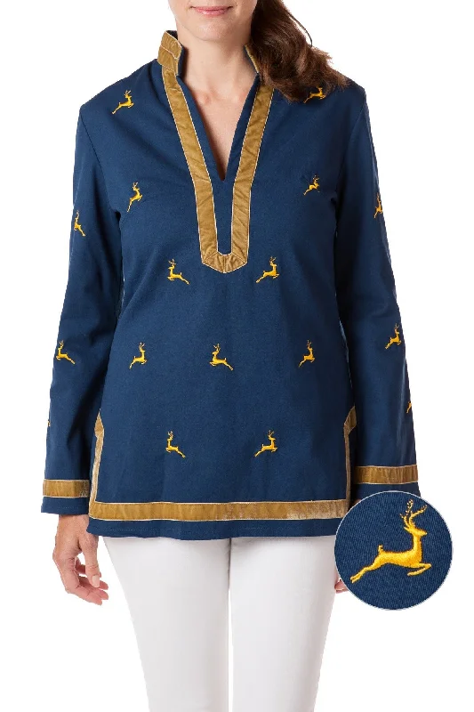 Tunic Top Stretch Twill Nantucket Navy with Leaping Reindeer Compression