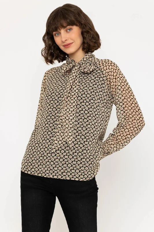 Long Sleeve Black Floral Heritage Blouse Casual Women's Loose - fitting