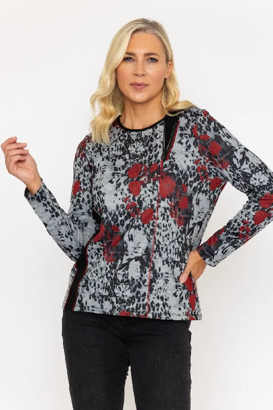 Long Sleeve Red & Black Print Top Contrast Zip Detail Sporty Women's Tennis