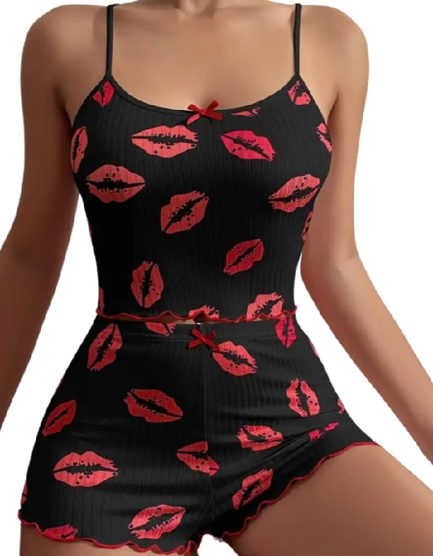 2 Piece Red Lips Ribbed PJ set Elegant Women's Formal 