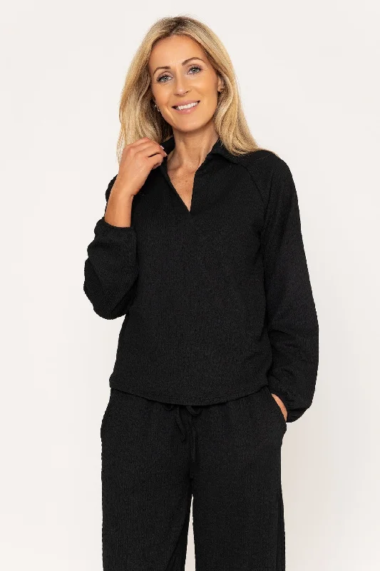 Black Textured Long Sleeve Collared Top Trendy Women's 