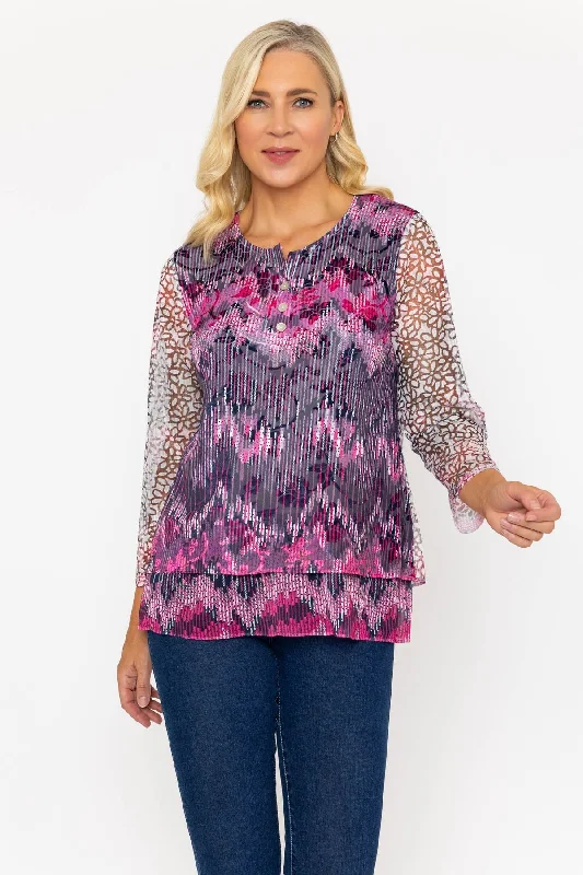 Magenta Pink Dovore Printed 3/4 Sleeve Top Cozy Women's Winter