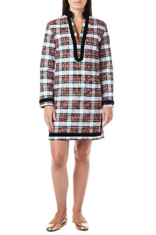 Tunic Dress Stretch Twill Dress Stewart with Black Velvet Trim Cozy Women's Sherpa - lined
