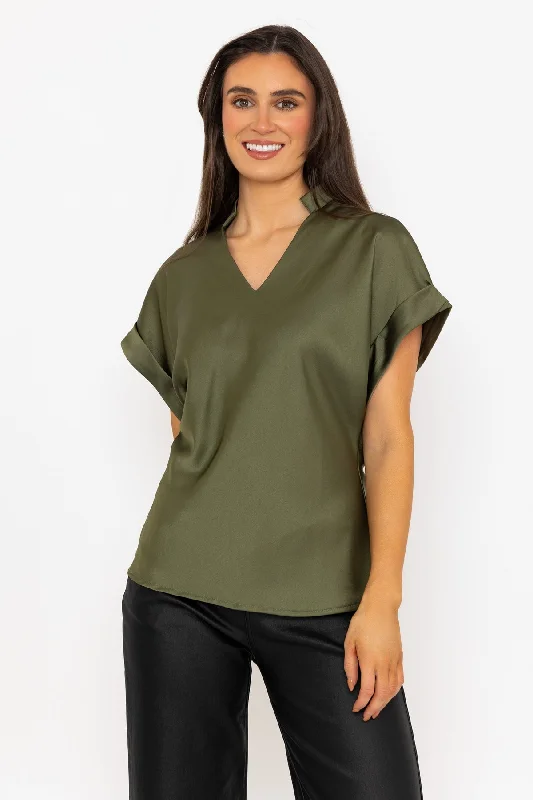 Khaki V-Neck Sateen Short Sleeve Top Vacation