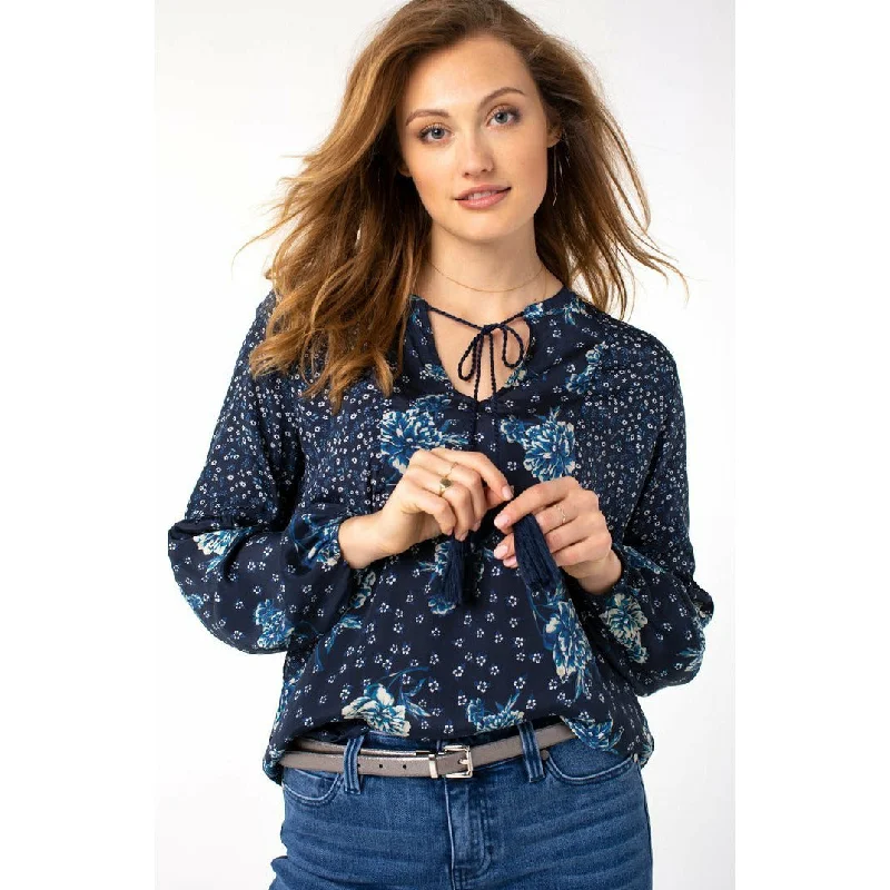 Printed Blocked Tie Front Shirred Blouse Sophisticated Women's Tailored