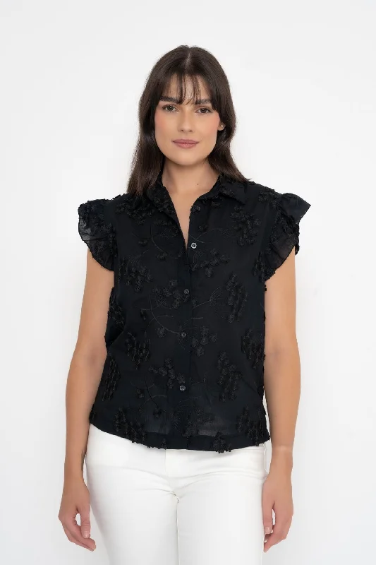 Embroidered Ruffle Sleeve Top in Black Laid - back Women's Style