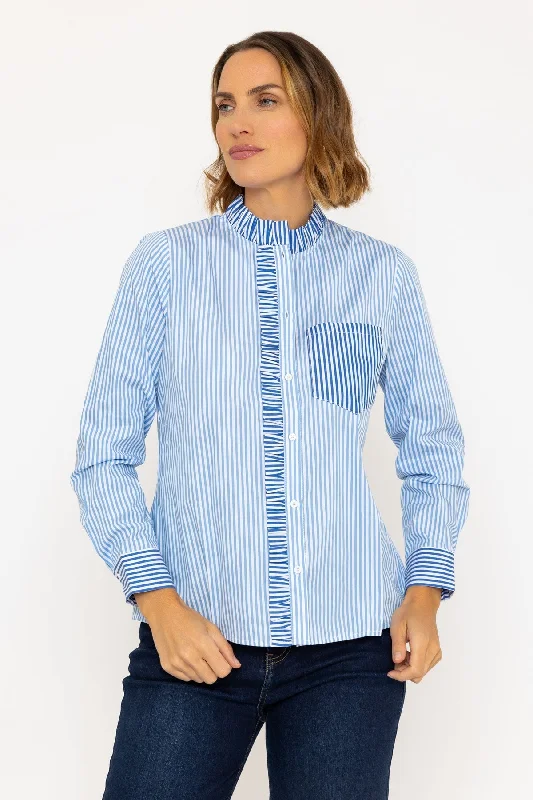 Cotton Ruffle Placket Shirt in Blue Feminine Women's Style 