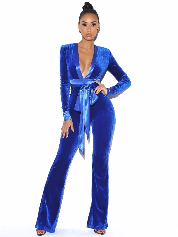 Glorious Royal Blue Long Sleeve Velvet Jumpsuit Feminine Women's Soft 