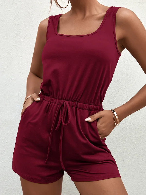 Square Neck Sleeveless Romper with Pockets Cool Women's Distressed