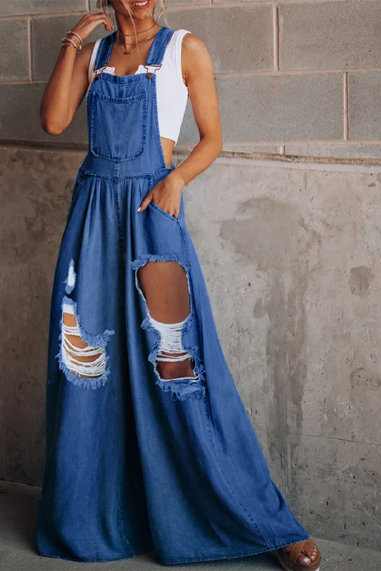 Distressed Wide Leg Denim Overalls Cool Women's Skate