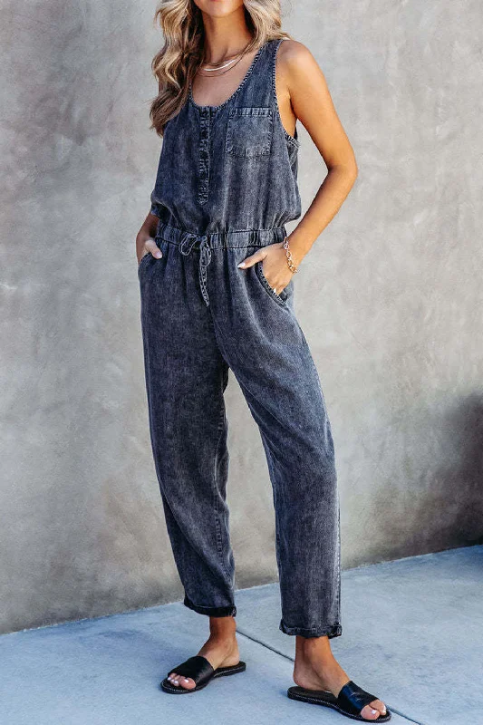 Pocketed Half Button Sleeveless Denim Jumpsuit Cool Women's Distressed