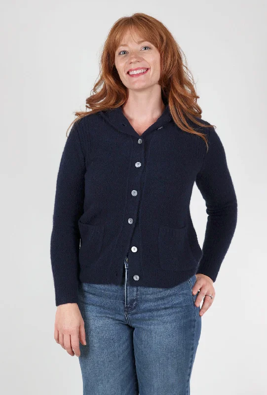 Cashmere Boucle Button-Down Hoodie, Navy Unique Women's Upcycled