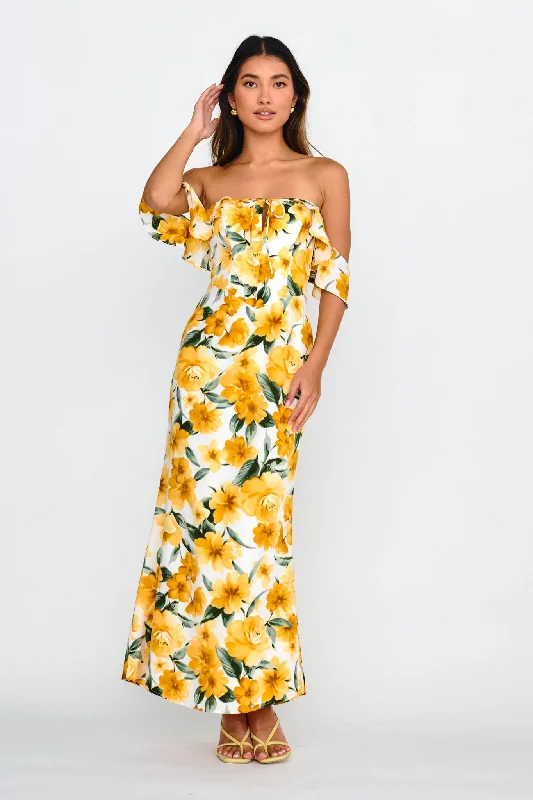 New Era Off Shoulder Maxi Dress Floral Yellow Minimalist Women's Casual