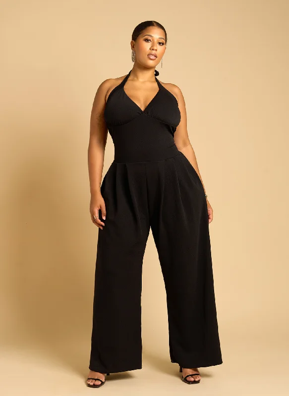 Adelaine Drop Waist Wide Leg Jumpsuit w. Pockets - Black Streetwear Style for 