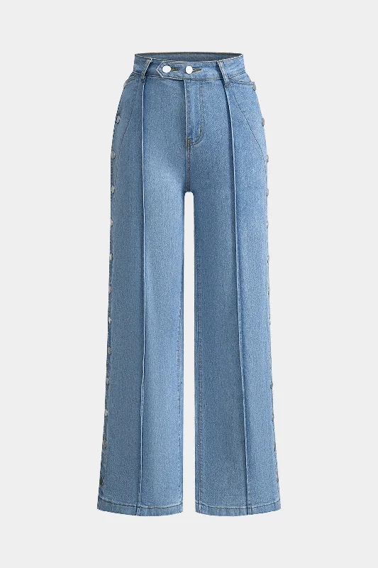 Denim Button Detail Straight Leg Jeans Casual Women's Japanese 