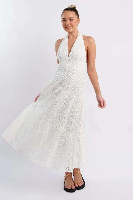Nolita Halterneck Lace Overlay Maxi Dress White Artistic Women's Hand - painted
