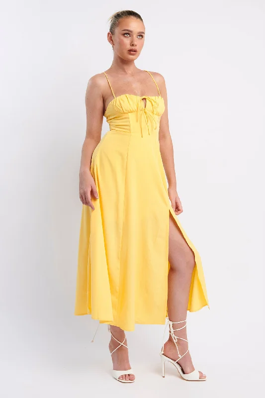 Euro Summer Split Hem Midi Dress Yellow Traditional Women's 
