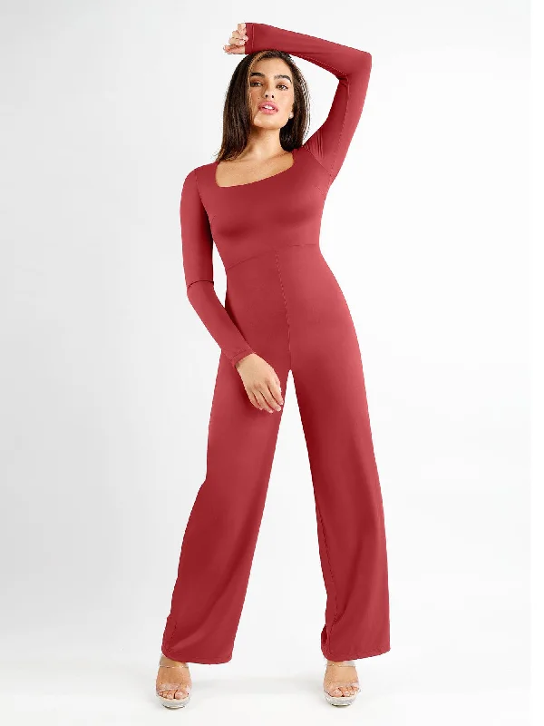 Shapewear Long Sleeve Square Neck Slimming Wide Leg Jumpsuit Classic Women's Tweed