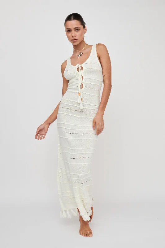 Sunlight Bust Tie Knit Maxi Dress White Relaxed Women's Beachy