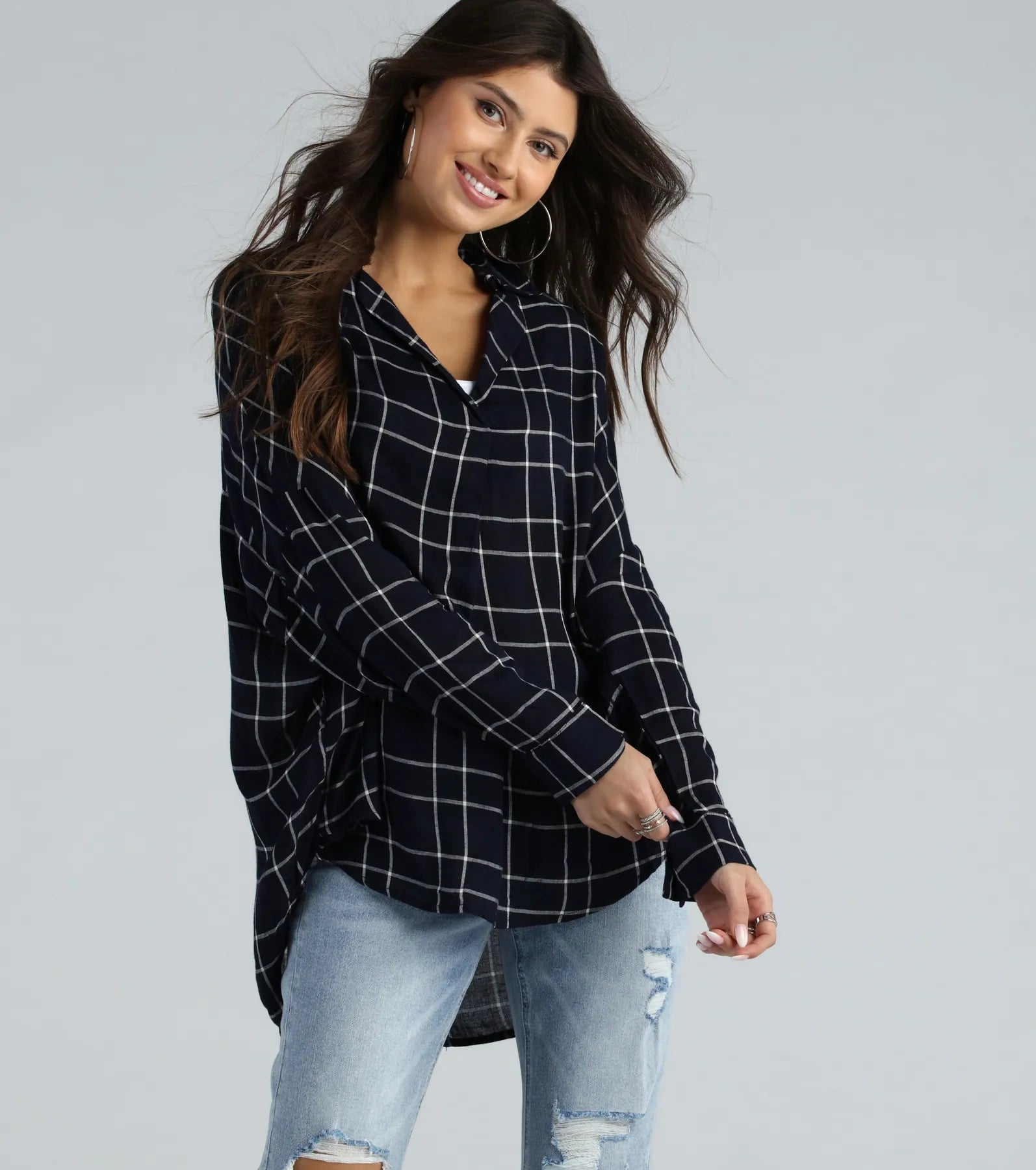 Seasonal Chic Plaid Oversized Top Dapper Women's Bow - adorned