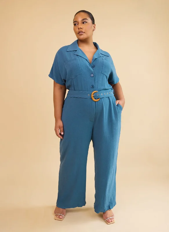 Padma Linen Belted Jumpsuit - Cadet Blue Cozy Women's Winter