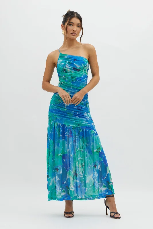 Golden Sun One-Shoulder Ruched Maxi Dress Green Sharp Women's Italian