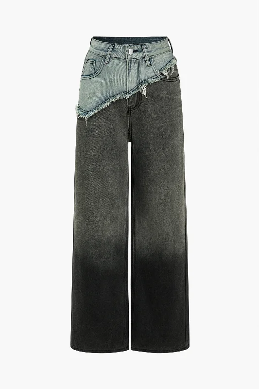 Patchwork Color Block Wide Leg Jeans Relaxed Women's 