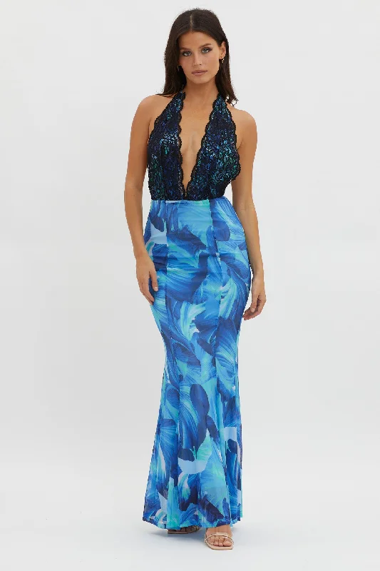 Mayah Lace Halterneck Maxi Dress Abstract Blue European