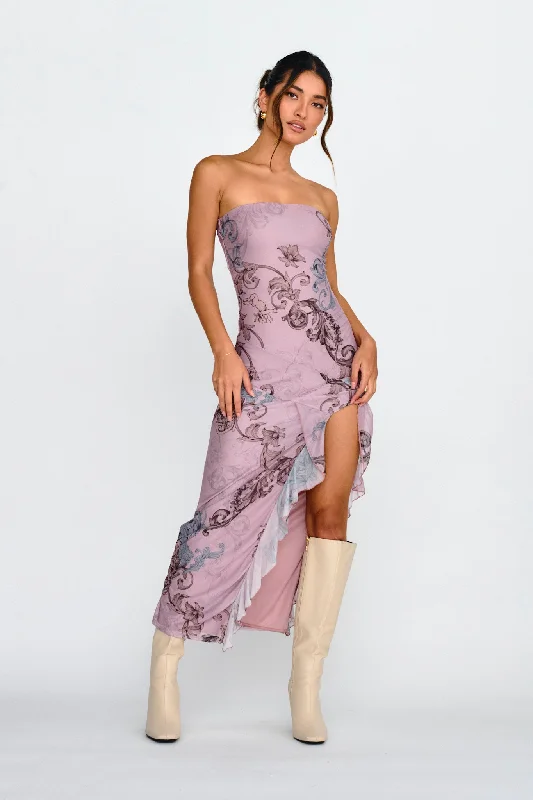 Shelby Strapless Ruffle Split Midi Dress Mauve Laid - back Women's Style