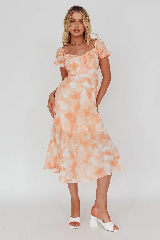 Linka Puff Sleeve Midi Dress Tie-Dye Orange Business
