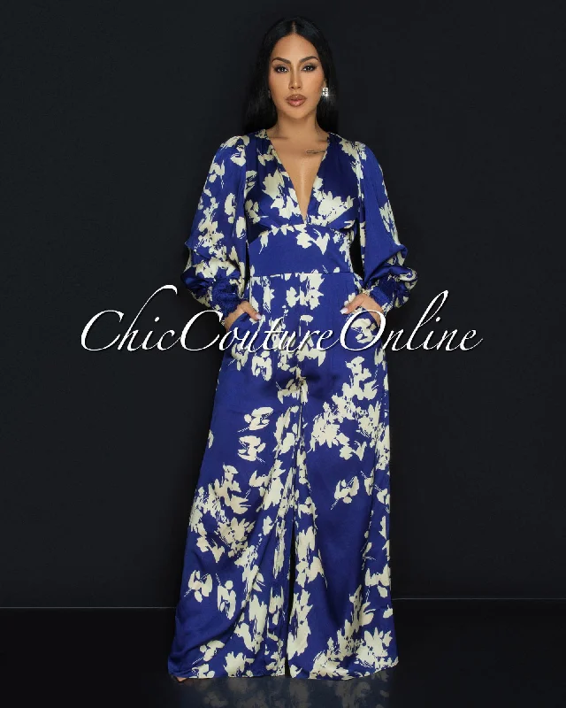 Foxxy Blue Cream Floral Silky Wide Legs Jumpsuit Practical Women's Quick - dry