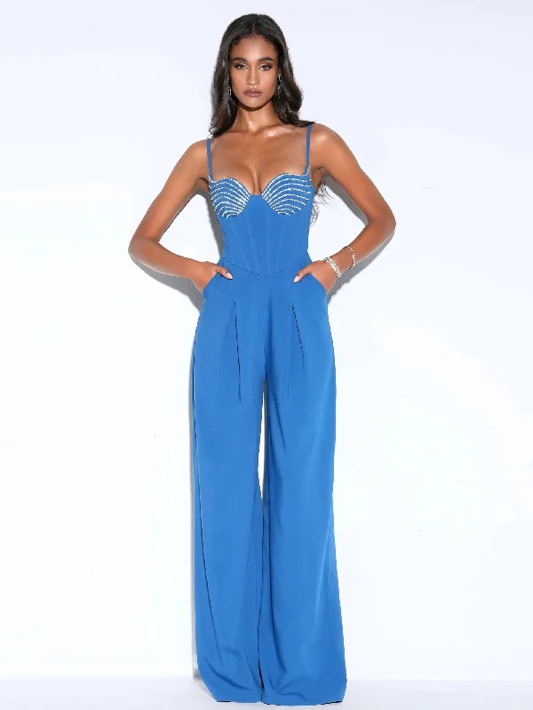 Wanessa Blue Corset Wide Leg Jumpsuit with Crystals Classic Women's Tweed