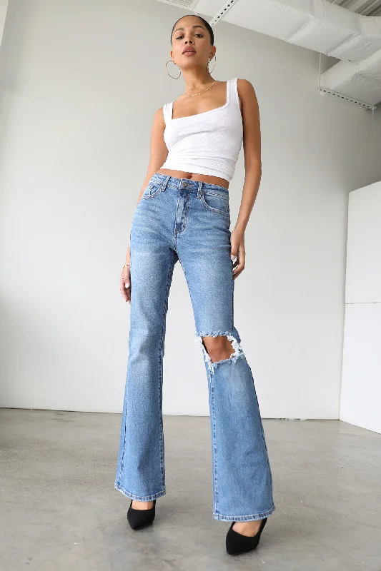 DOGMA High Rise Flare Leg Denim Jeans Medium Wash Stylish Women's Neon