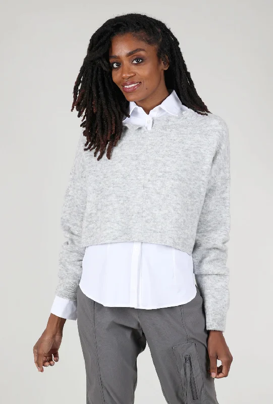 Notched Neck Crop Pullover, Melange Gray Trendy Women's 