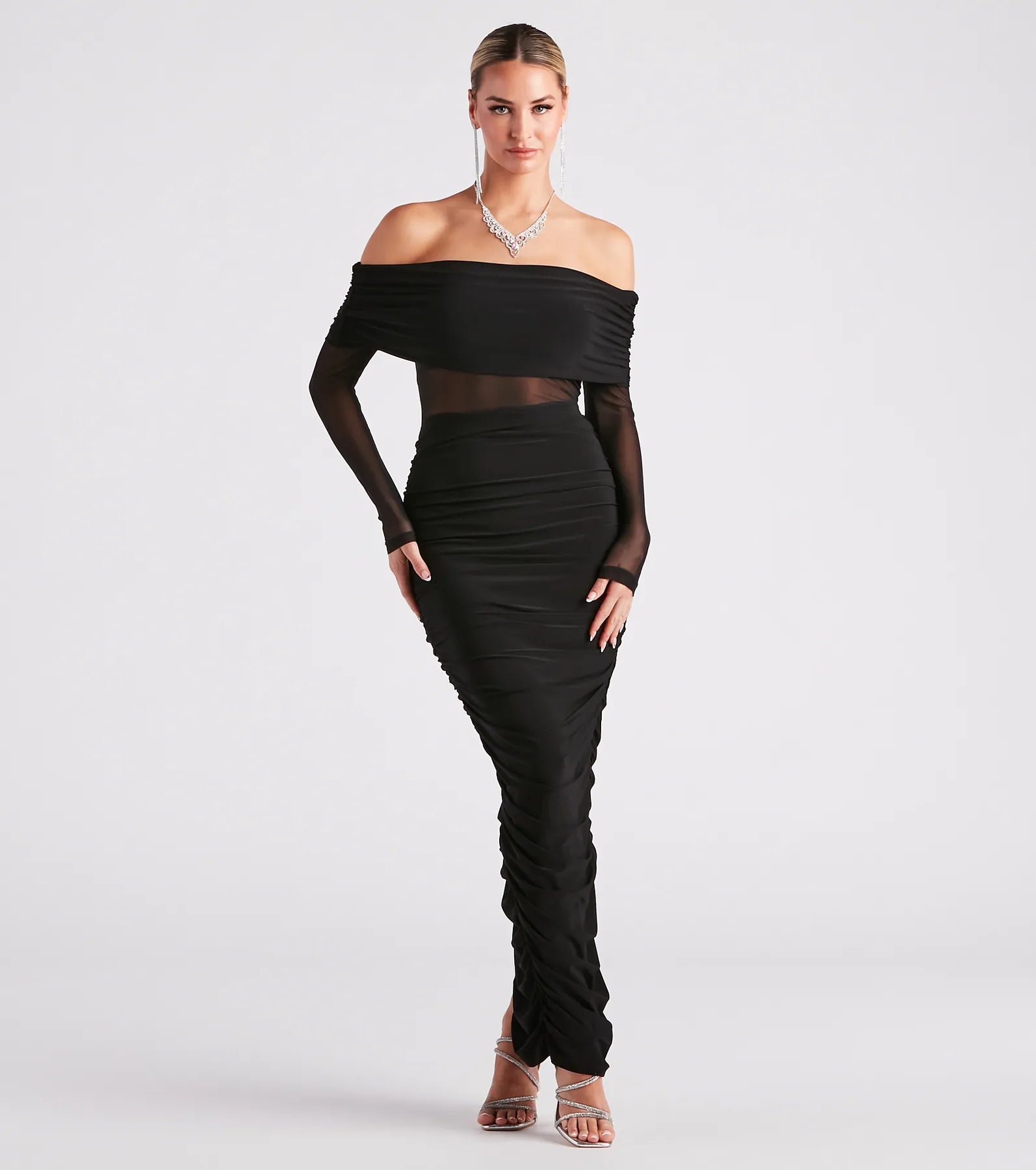 Alessia Off-The-Shoulder Sheer Mesh Formal Dress Street