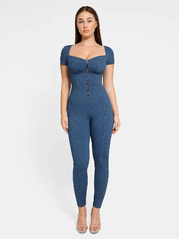 Shapewear Denim Short Sleeve Zip Front Butt Lift Jumpsuit Sophisticated Women's Tailored