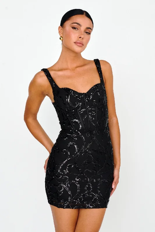Kaden Sequin Embellished Mini Dress Black Monochromatic Office Style